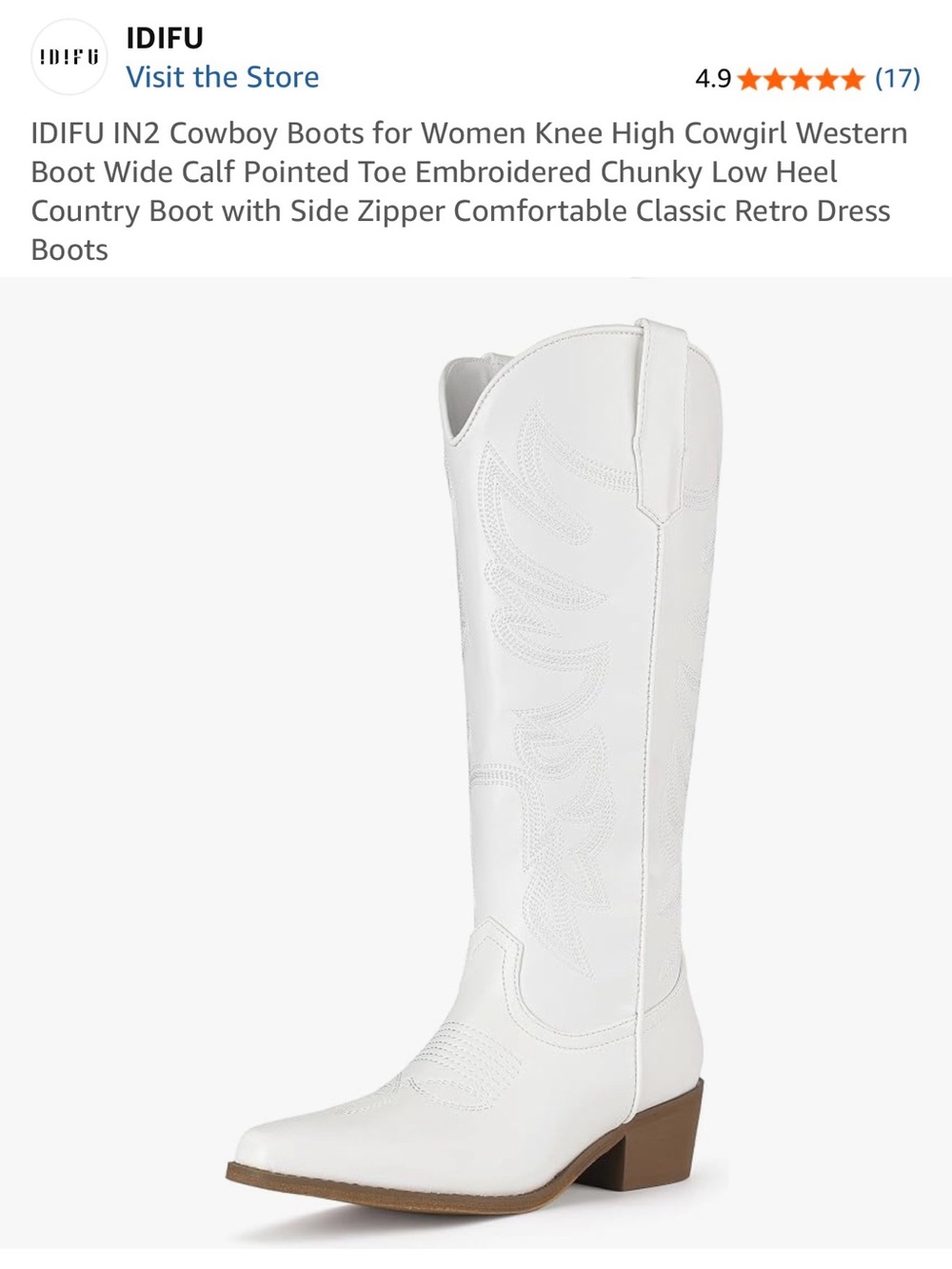 IDIFU White Knee-High Western Cowboy Boots for Women